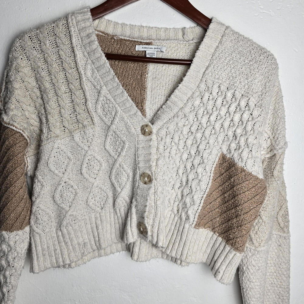 American Eagle Beige Cropped Patchwork Cardigan S… - image 3